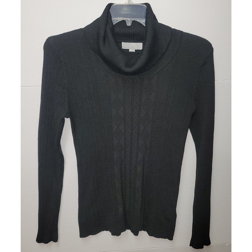 Carolyn Taylor Black Knit Sweater XL Ribbed Cowl Neck Diamond Pattern Academia